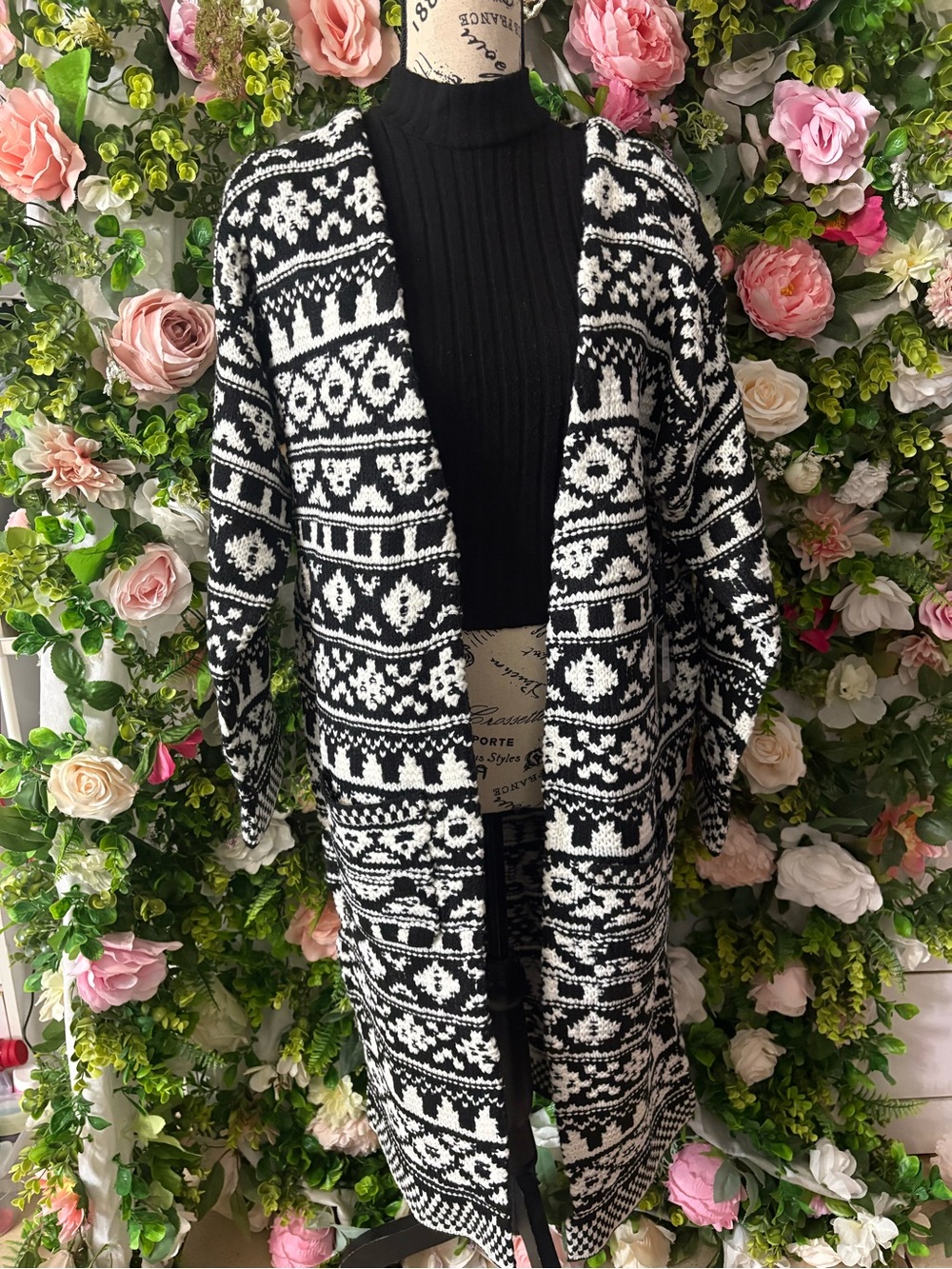 Macy's Black and White Fair Isle Open-Front Cardigan